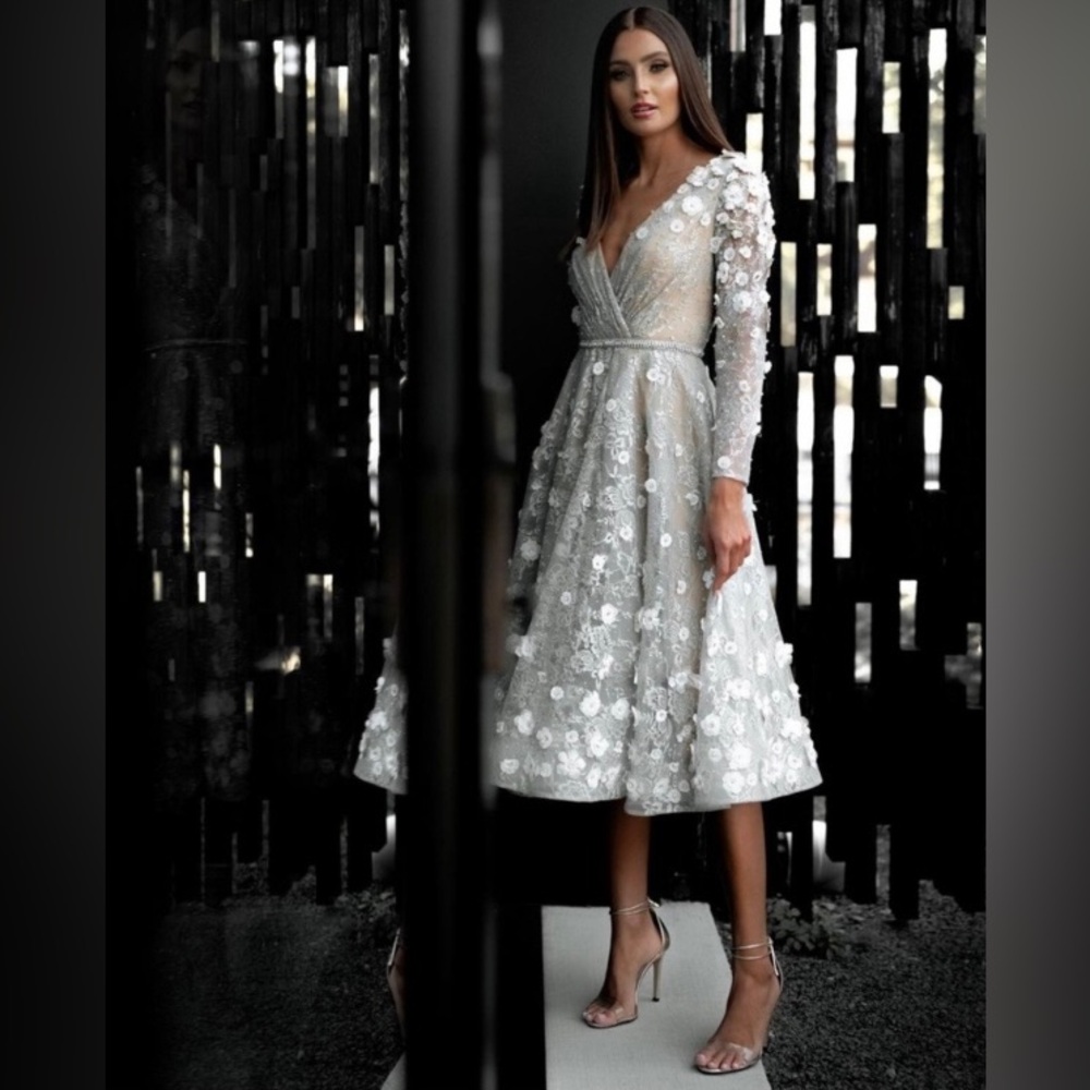 Mac Duggal Floral Embellished Lace A Line Cocktail Dress 67387